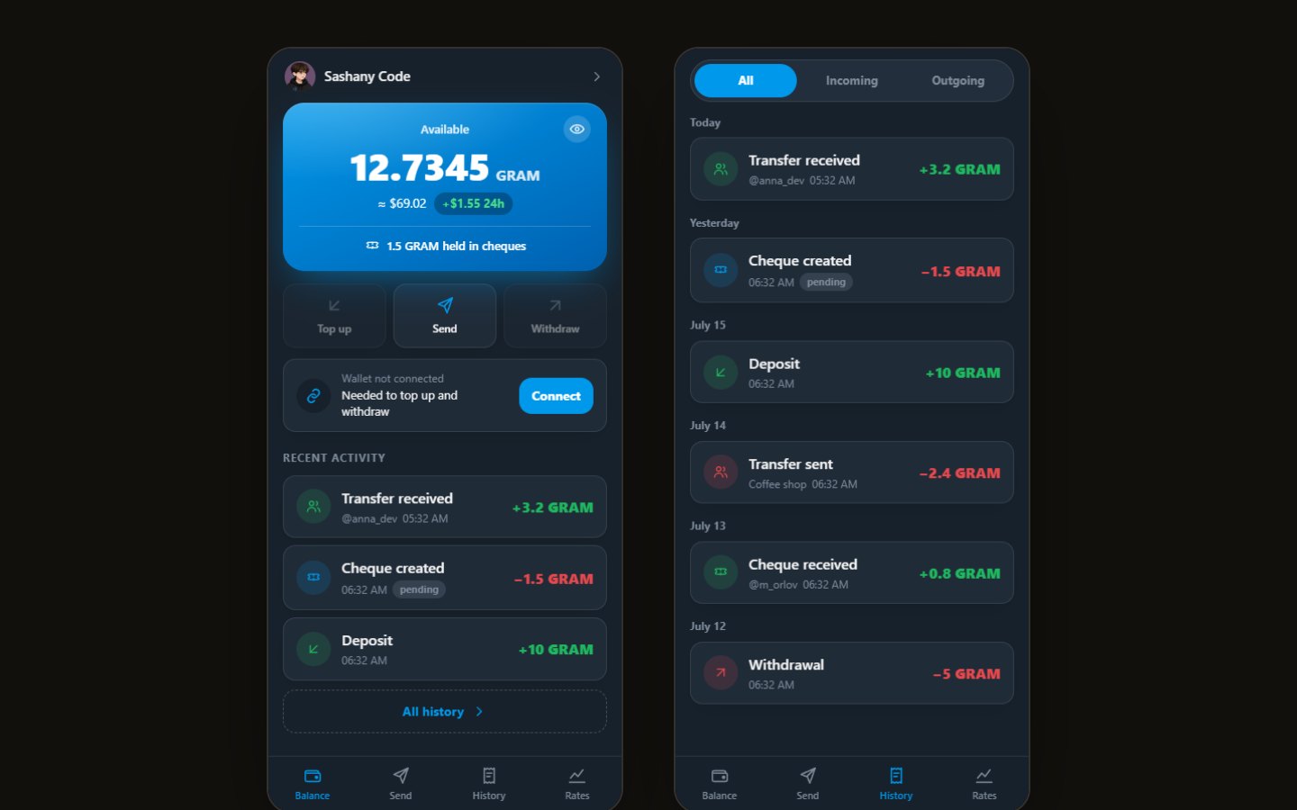 Friendly Wallet Mini App: balance with USD equivalent and recent activity; history alongside